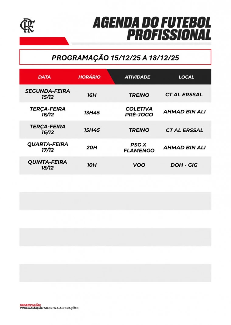 Agenda do futebol masculino profissional do Flamengo do dia 15 ao dia 18 de dezembro de 2025