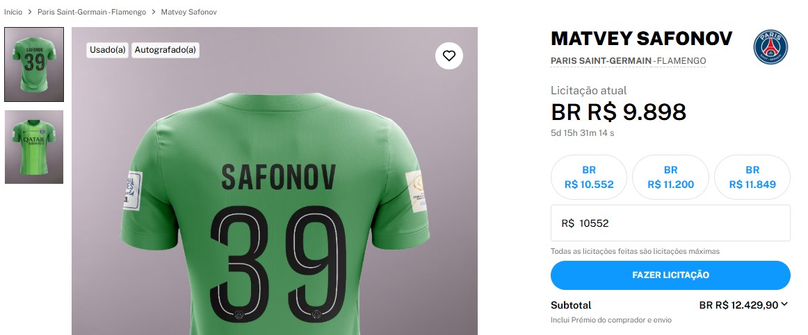 Camisa de Safonov foi a leilão após título do PSG sobre o Flamengo